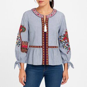 Cotton Bleu Blue White Striped Embroidered Open Front Jacket Size L NWT